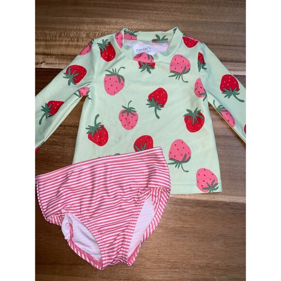 Carters Just One You Baby Girl Strawberry Rash Guard Striped Bottom Swimsuit Set - Picture 3 of 11